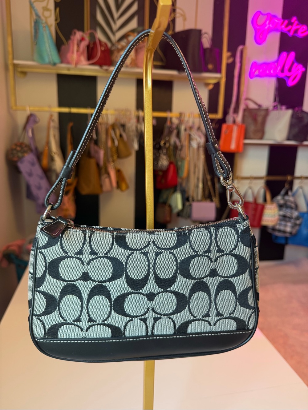Vintage Coach Signature Demi Pochette 6094 Black White Jacquard Y2K Shoulder Bag